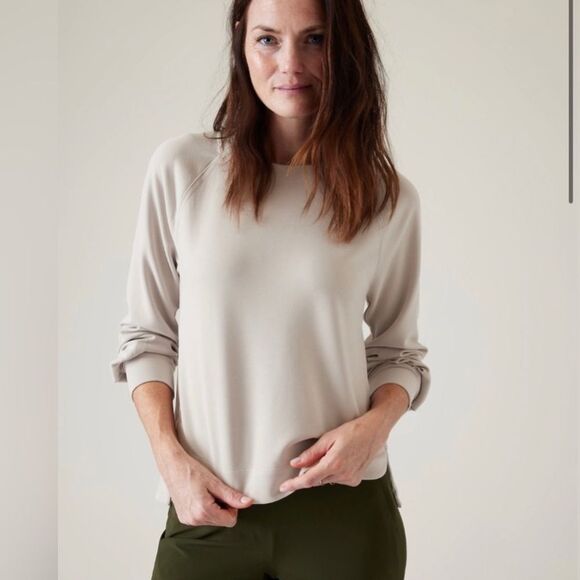 Athleta Seasoft Taupe Grey Buttery Boxy Crew Sweater XL l - Picture 1 of 7
